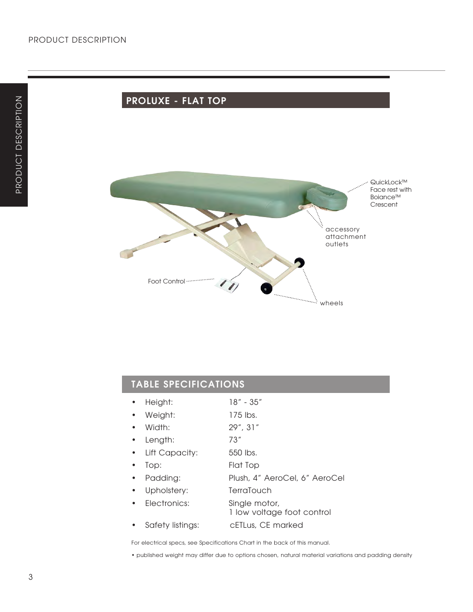 Table specifications, Proluxe - flat top | Oakworks ProLuxe Series User Manual | Page 6 / 28