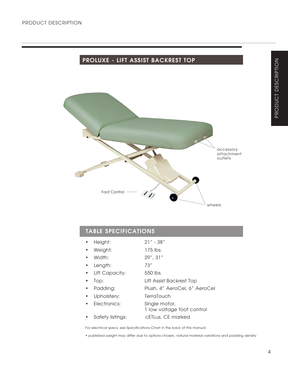 Proluxe - lift assist backrest top, Table specifications | Oakworks ProLuxe Series User Manual | Page 7 / 28