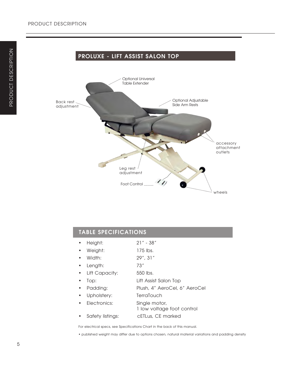 Proluxe - lift assist salon top, Table specifications | Oakworks ProLuxe Series User Manual | Page 8 / 28