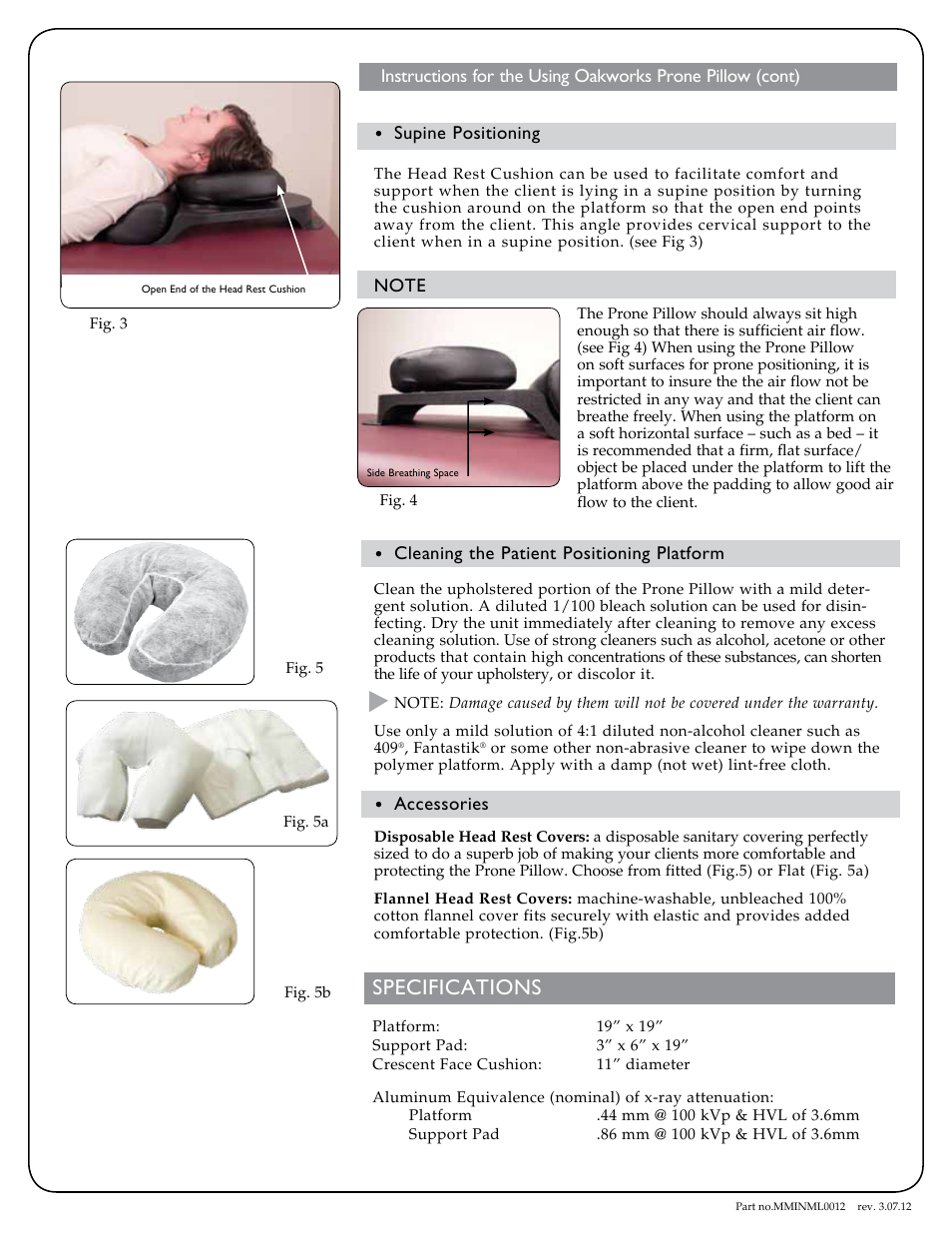 Specifications | Oakworks Prone Pillow User Manual | Page 2 / 2