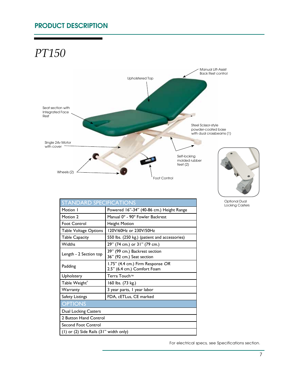 Pt150, Product description, Standard specifications | Options | Oakworks PT Table User Manual | Page 10 / 36