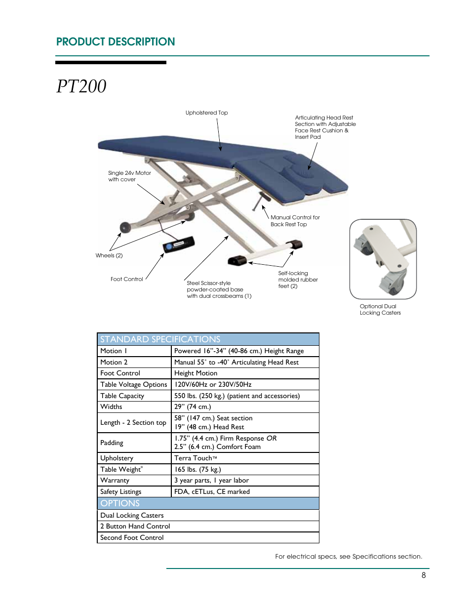 Pt200, Product description, Standard specifications | Options | Oakworks PT Table User Manual | Page 11 / 36