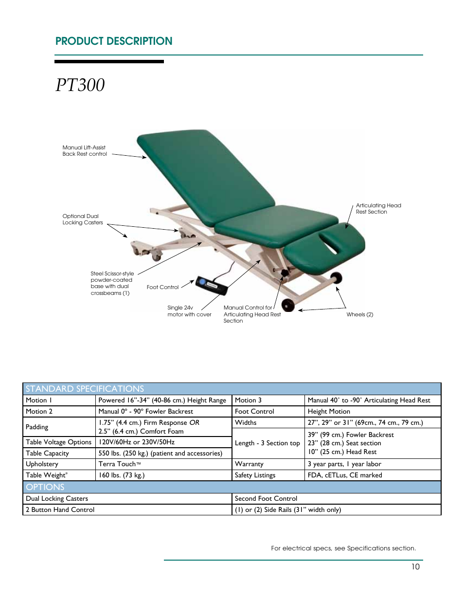 Pt300, Product description, Standard specifications | Options | Oakworks PT Table User Manual | Page 13 / 36