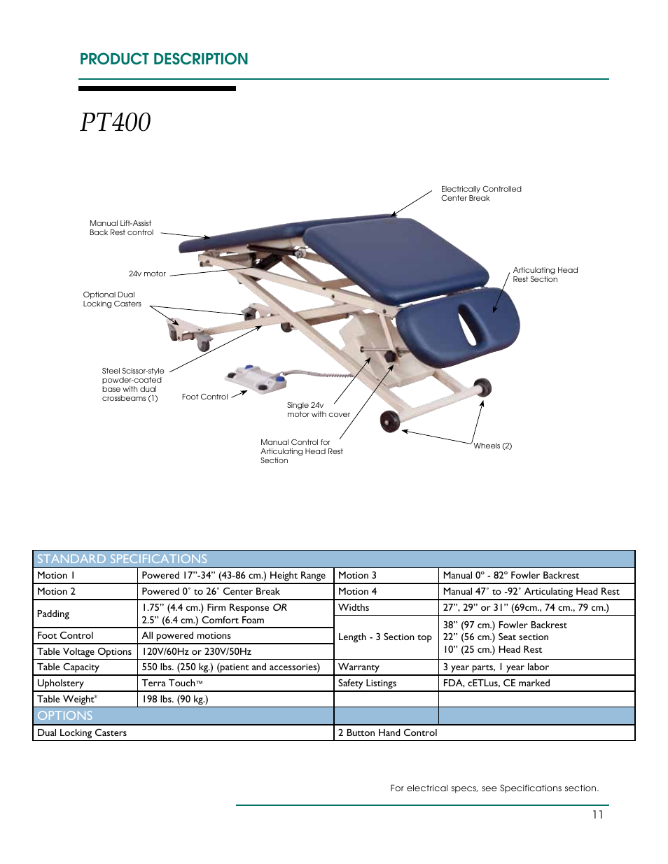 Pt400, Product description, Standard specifications | Options | Oakworks PT Table User Manual | Page 14 / 36