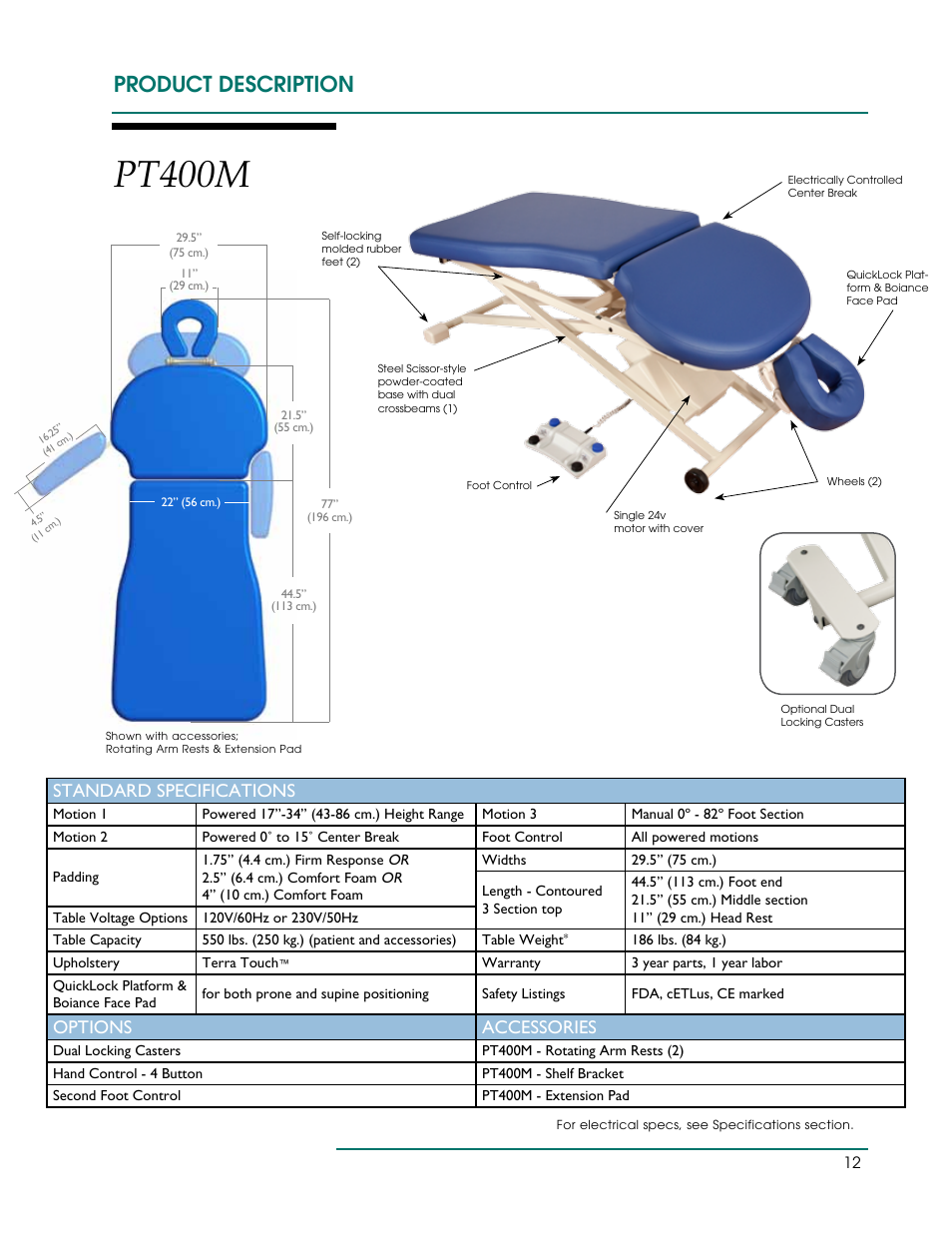 Pt400m, Product description, Standard specifications | Options accessories | Oakworks PT Table User Manual | Page 15 / 36