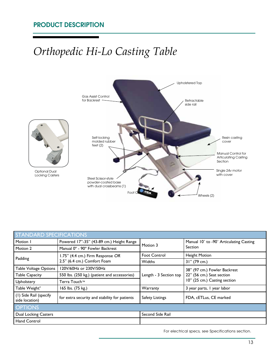 Orthopedic hi-lo casting table, Product description, Standard specifications | Options | Oakworks PT Table User Manual | Page 16 / 36