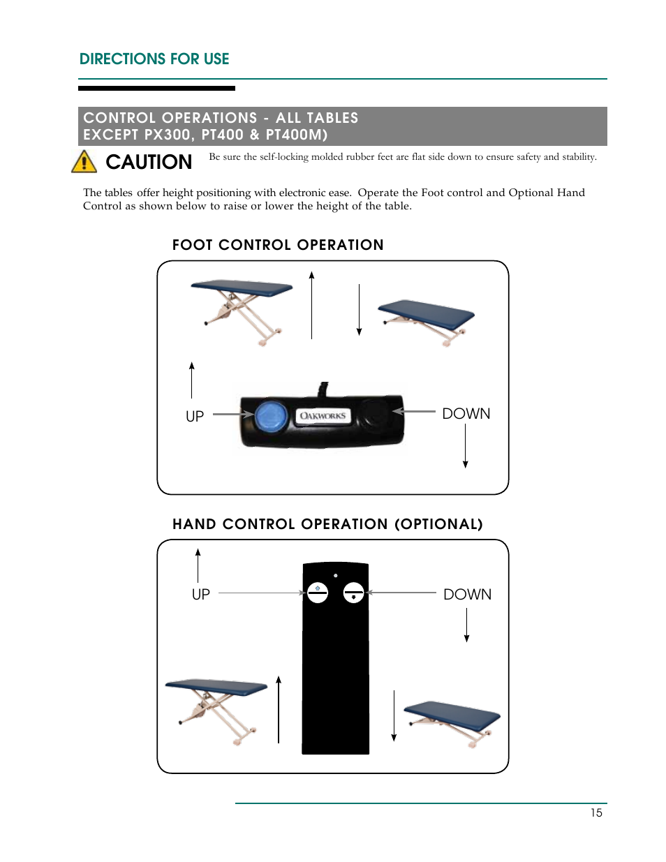 Caution, Directions for use, Up down | Oakworks PT Table User Manual | Page 18 / 36