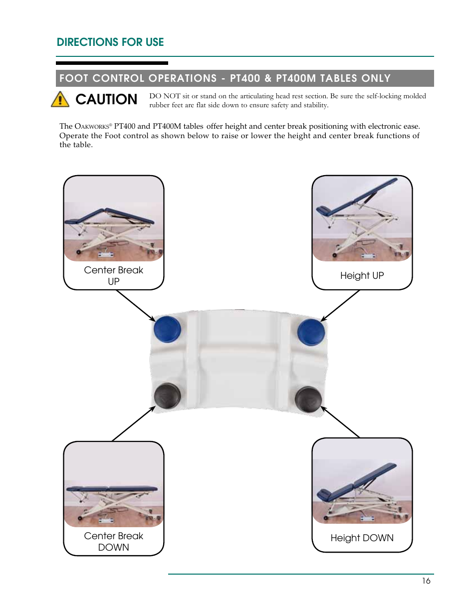 Caution, Directions for use | Oakworks PT Table User Manual | Page 19 / 36