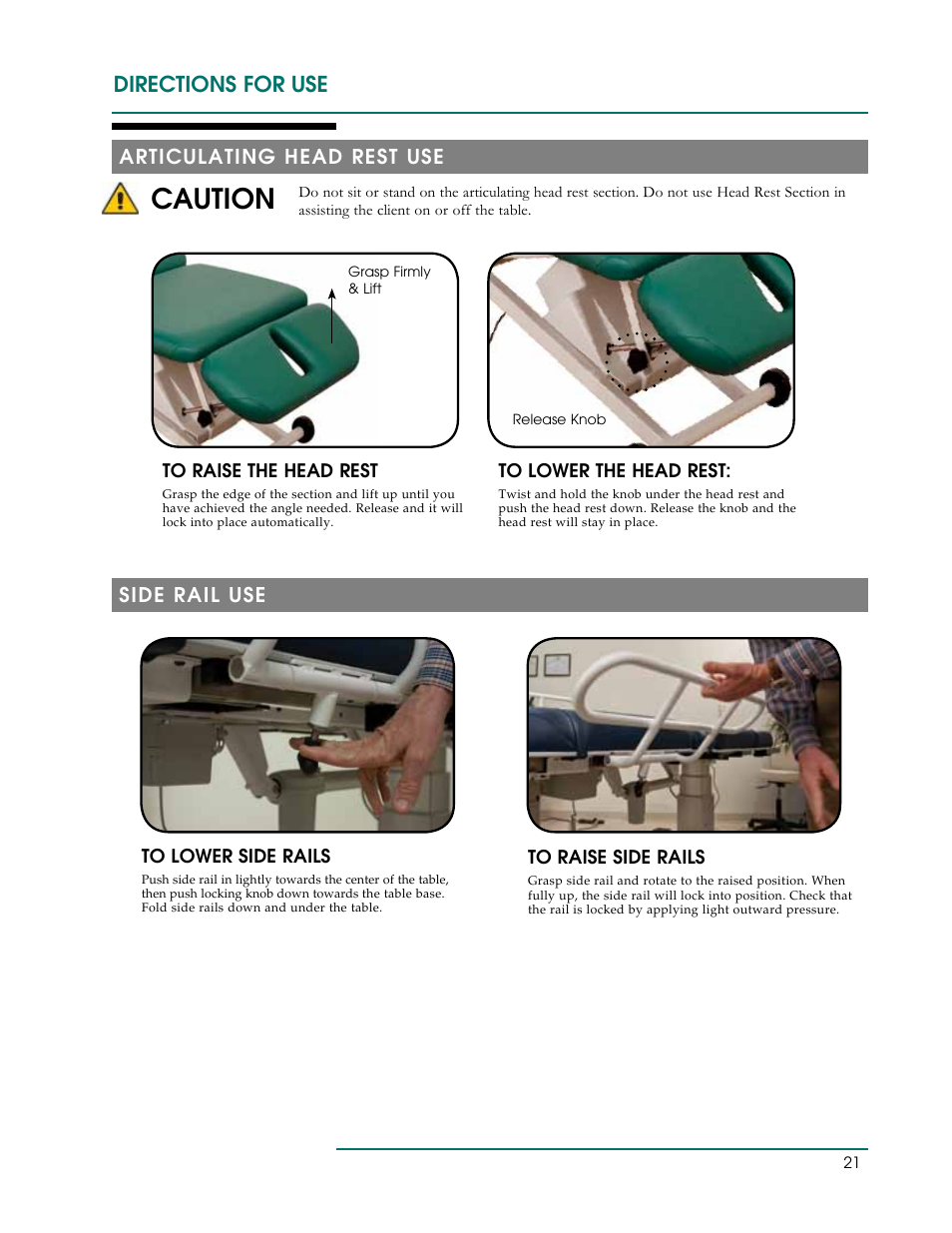 Caution, Directions for use, Articulating head rest use | Side rail use | Oakworks PT Table User Manual | Page 24 / 36