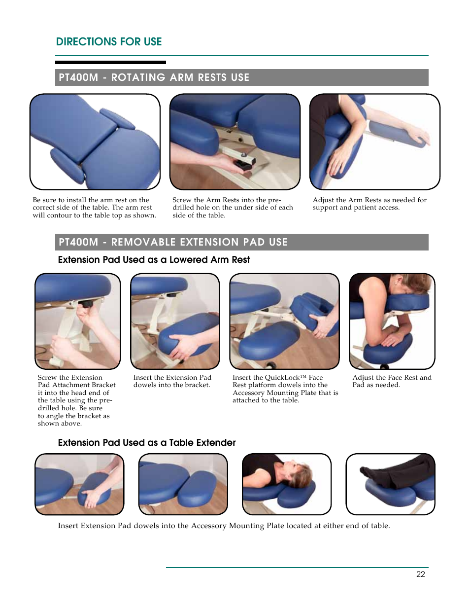 Directions for use, Pt400m - rotating arm rests use, Pt400m - removable extension pad use | Oakworks PT Table User Manual | Page 25 / 36