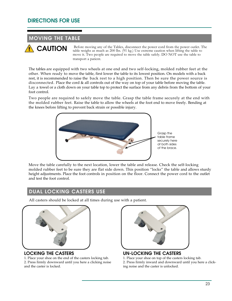 Caution, Directions for use, Dual locking casters use | Moving the table | Oakworks PT Table User Manual | Page 26 / 36