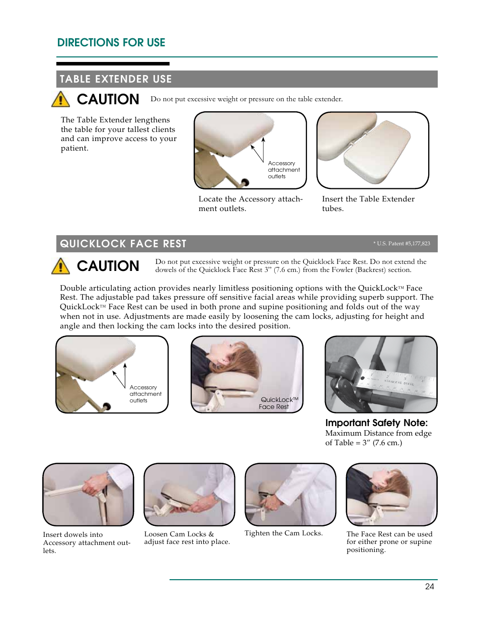 Caution, Directions for use, Table extender use | Quicklock face rest | Oakworks PT Table User Manual | Page 27 / 36