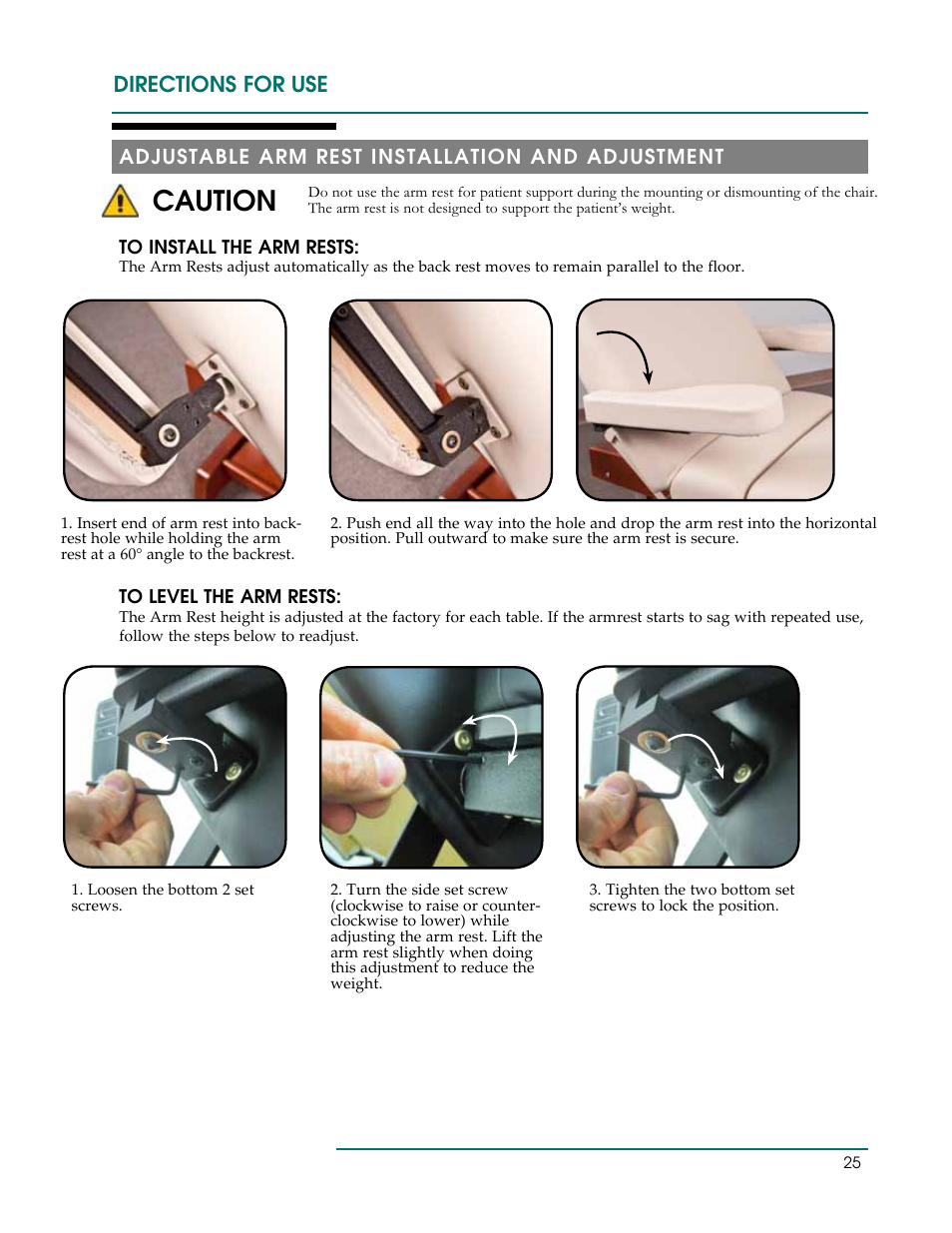 Caution, Directions for use, Adjustable arm rest installation and adjustment | Oakworks PT Table User Manual | Page 28 / 36