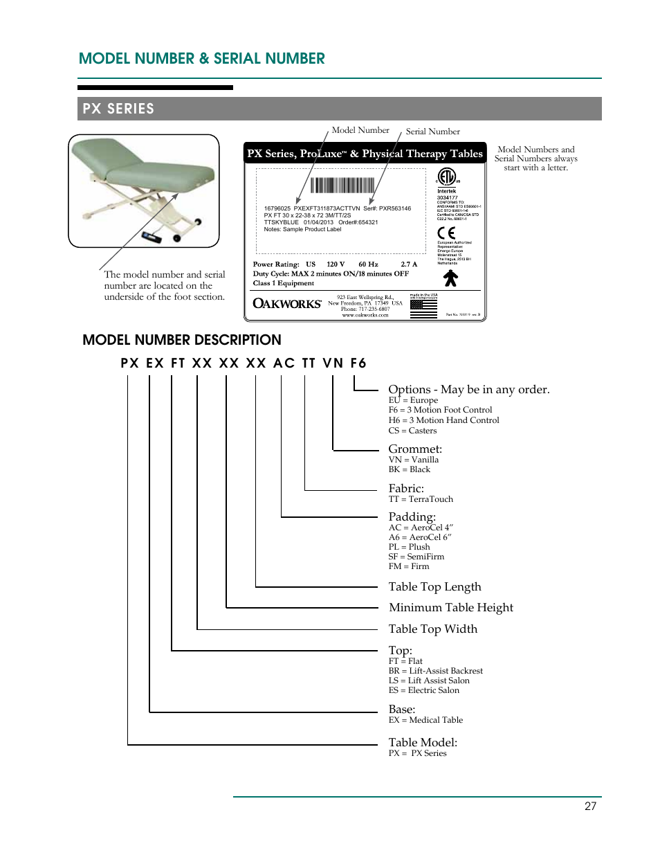 Model number & serial number, Px series, Model number description | Oakworks PT Table User Manual | Page 30 / 36