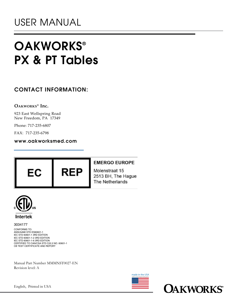 Oakworks, Px & pt tables, User manual | Contact information | Oakworks PT Table User Manual | Page 36 / 36