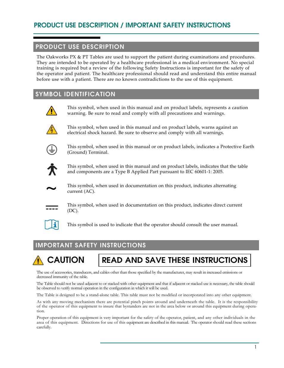 Caution, Read and save these instructions | Oakworks PT Table User Manual | Page 4 / 36