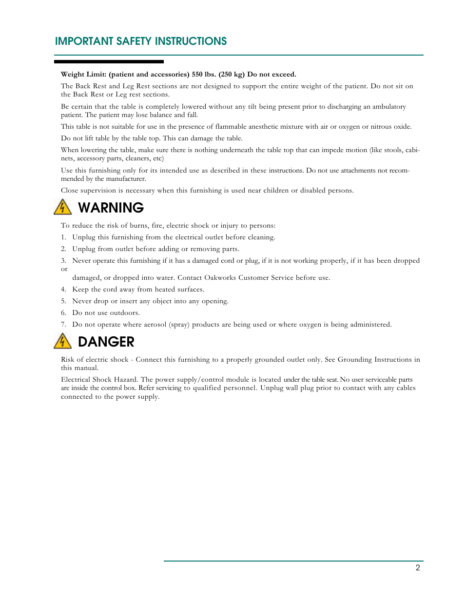 Warning, Danger, Important safety instructions | Oakworks PT Table User Manual | Page 5 / 36