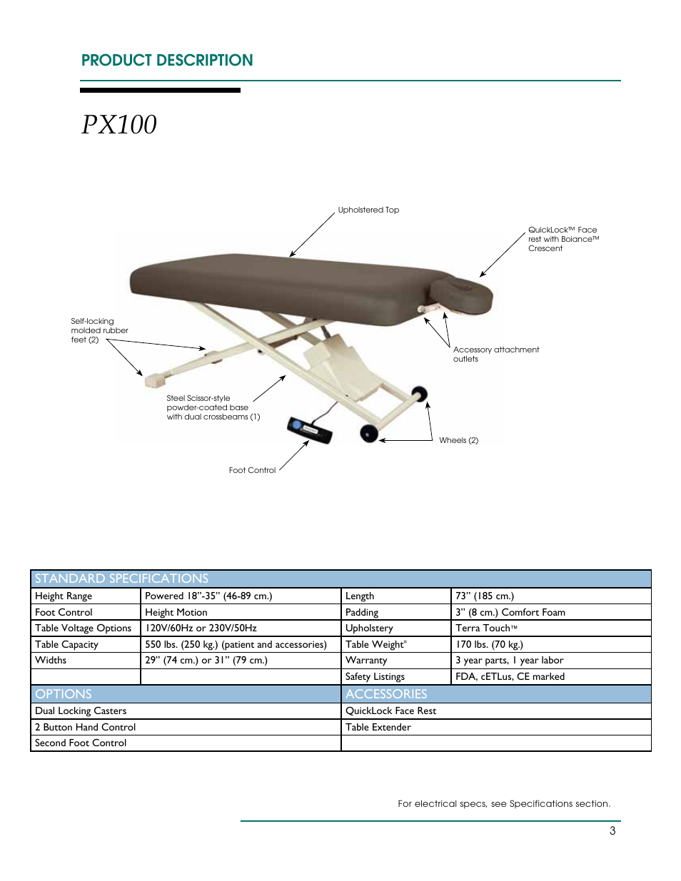 Px100, Product description, Standard specifications | Options accessories | Oakworks PT Table User Manual | Page 6 / 36