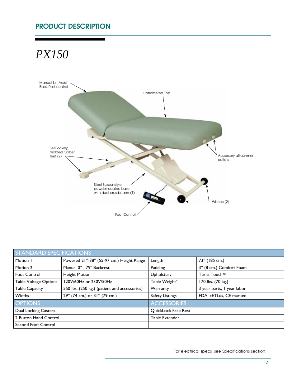 Px150, Product description, Standard specifications | Options accessories | Oakworks PT Table User Manual | Page 7 / 36