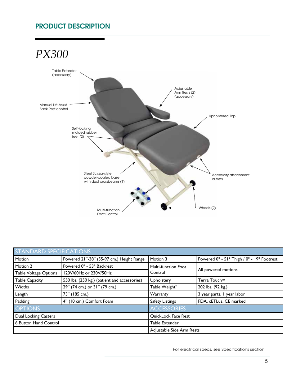 Px300, Product description, Standard specifications | Options accessories | Oakworks PT Table User Manual | Page 8 / 36