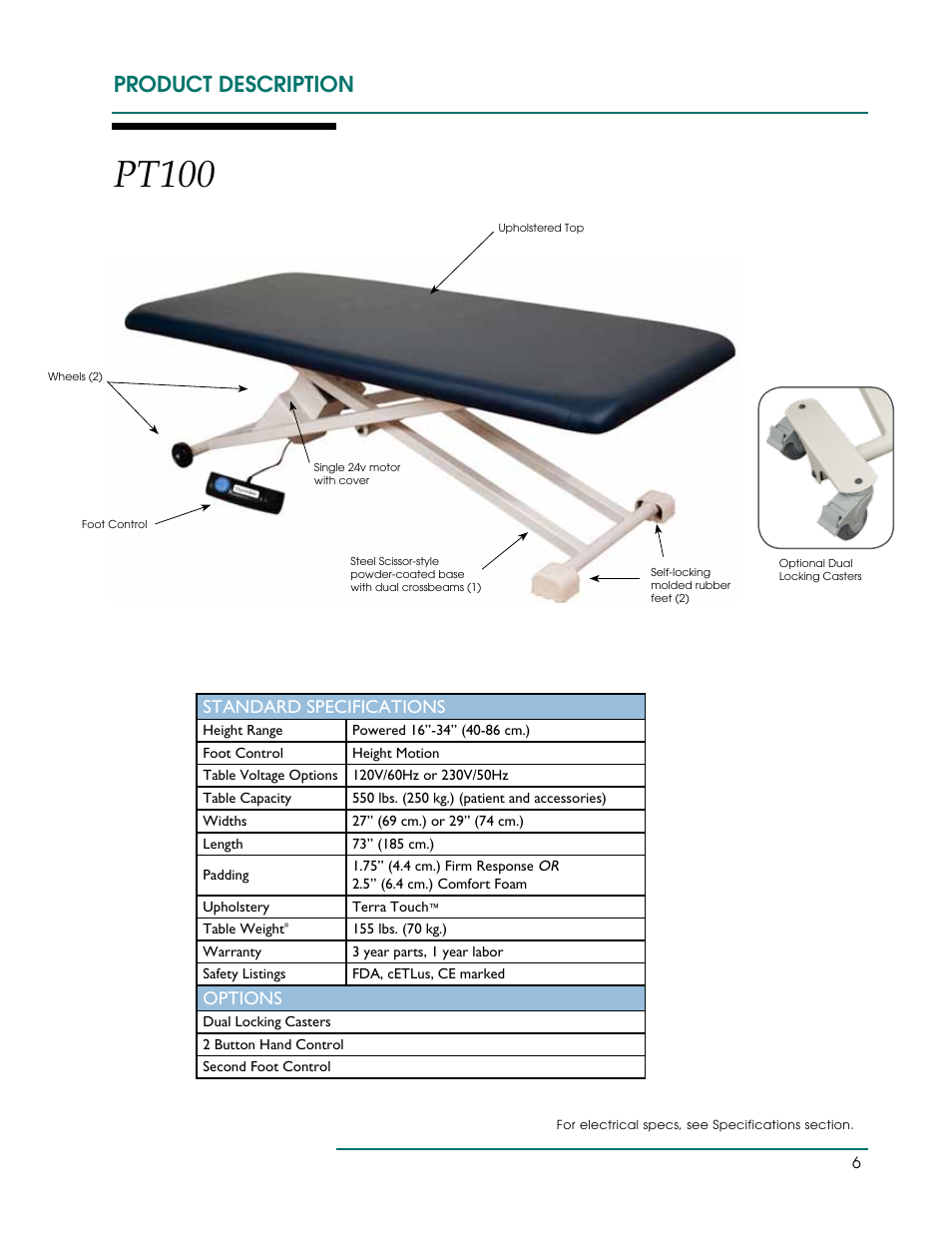 Pt100, Product description, Standard specifications | Options | Oakworks PT Table User Manual | Page 9 / 36