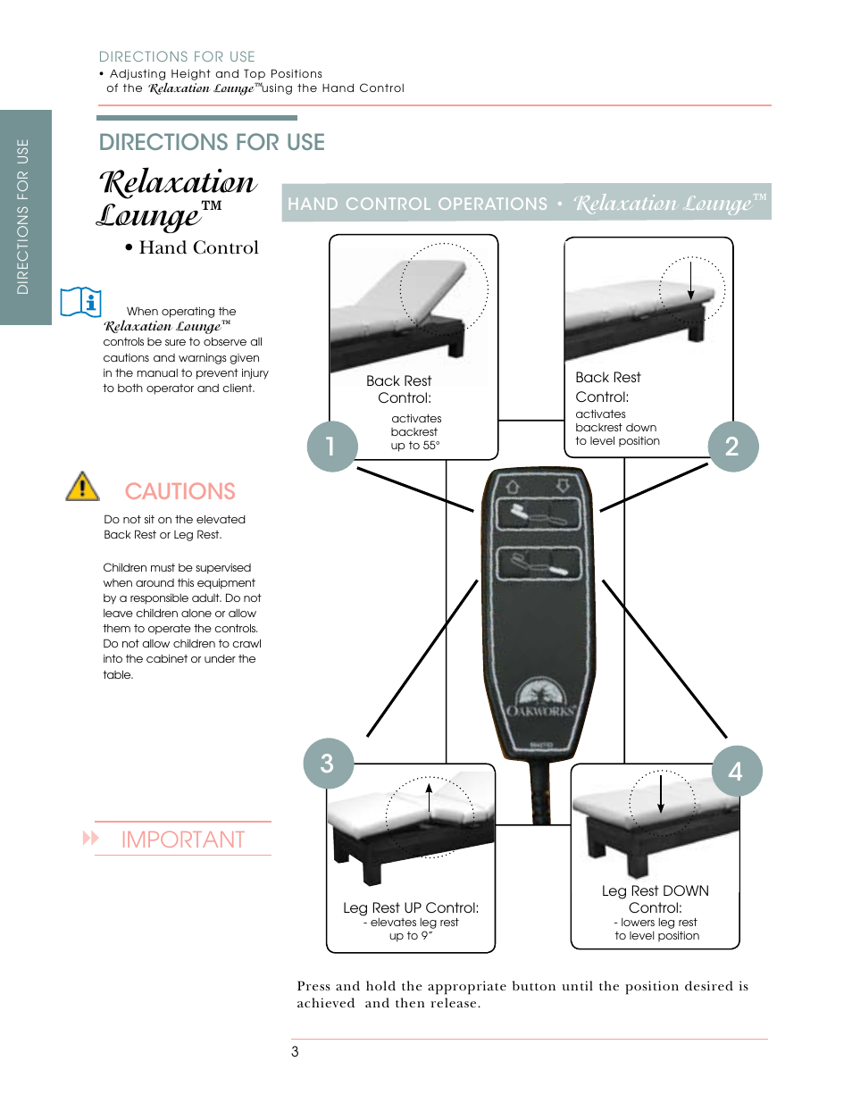 Relaxation lounge, Relaxation lounge™ cautions, Directions for use | Important, Hand control | Oakworks Relaxation Lounge User Manual | Page 10 / 24