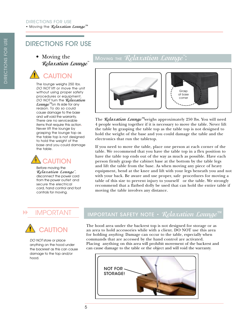 Relaxation lounge, Directions for use, Caution | Important, Moving the relaxation lounge | Oakworks Relaxation Lounge User Manual | Page 12 / 24
