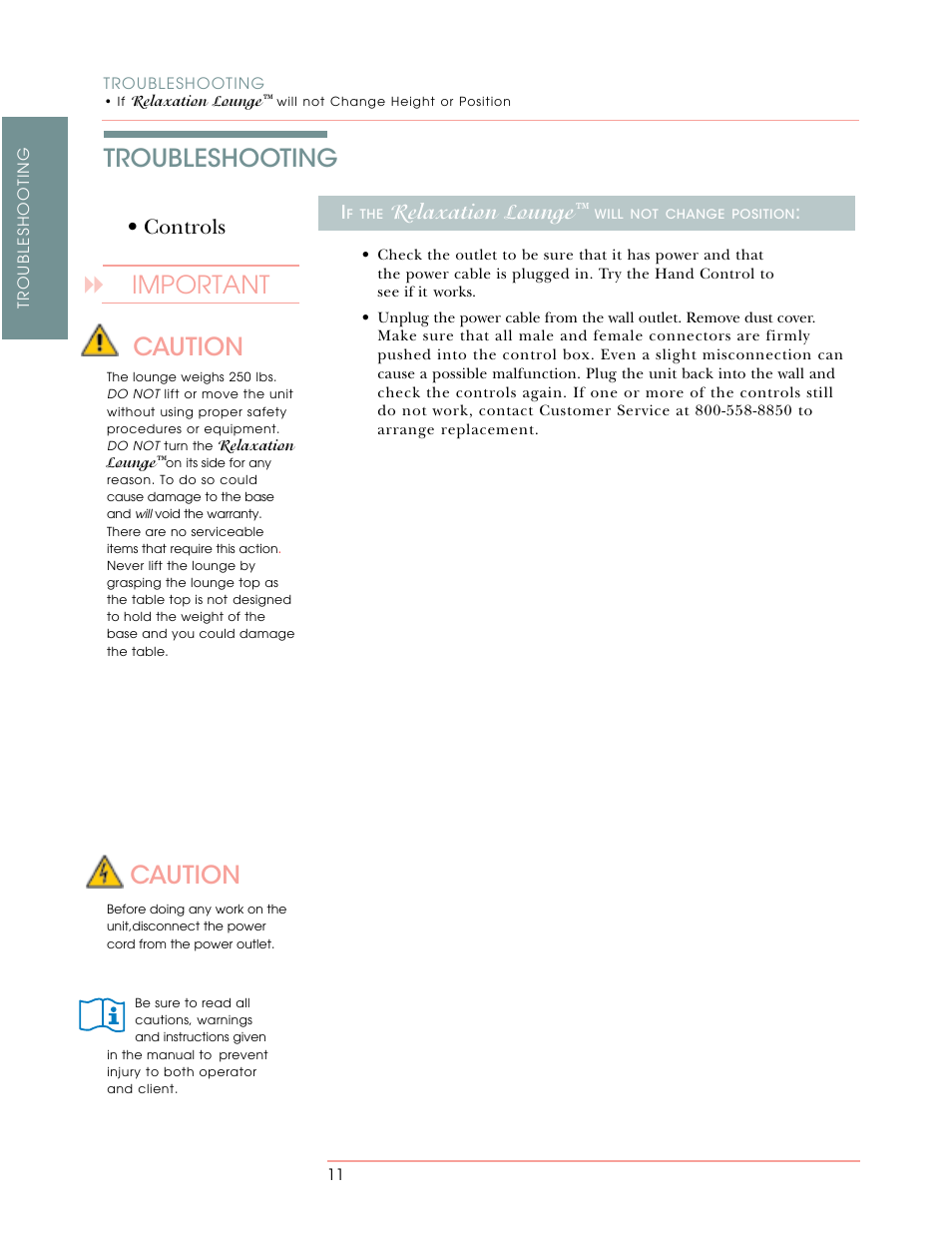 Troubleshooting caution, Caution, Important | Relaxation lounge, Controls | Oakworks Relaxation Lounge User Manual | Page 18 / 24