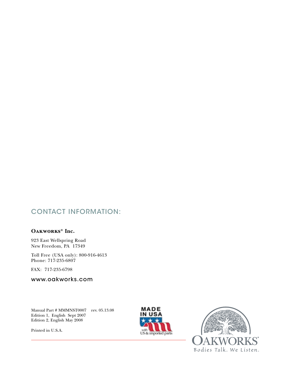 Contact information | Oakworks Relaxation Lounge User Manual | Page 24 / 24