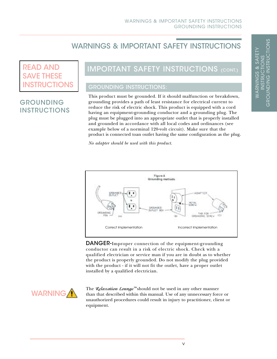 Warnings & important safety instructions, Warning, Grounding instructions | Oakworks Relaxation Lounge User Manual | Page 7 / 24