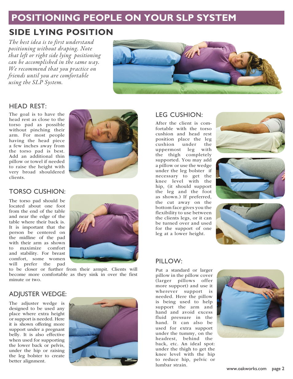 Positioning people on your slp system, Side lying position, Head rest | Torso cushion, Leg cushion, Pillow: adjuster wedge | Oakworks Side Lying Positioning System User Manual | Page 3 / 8