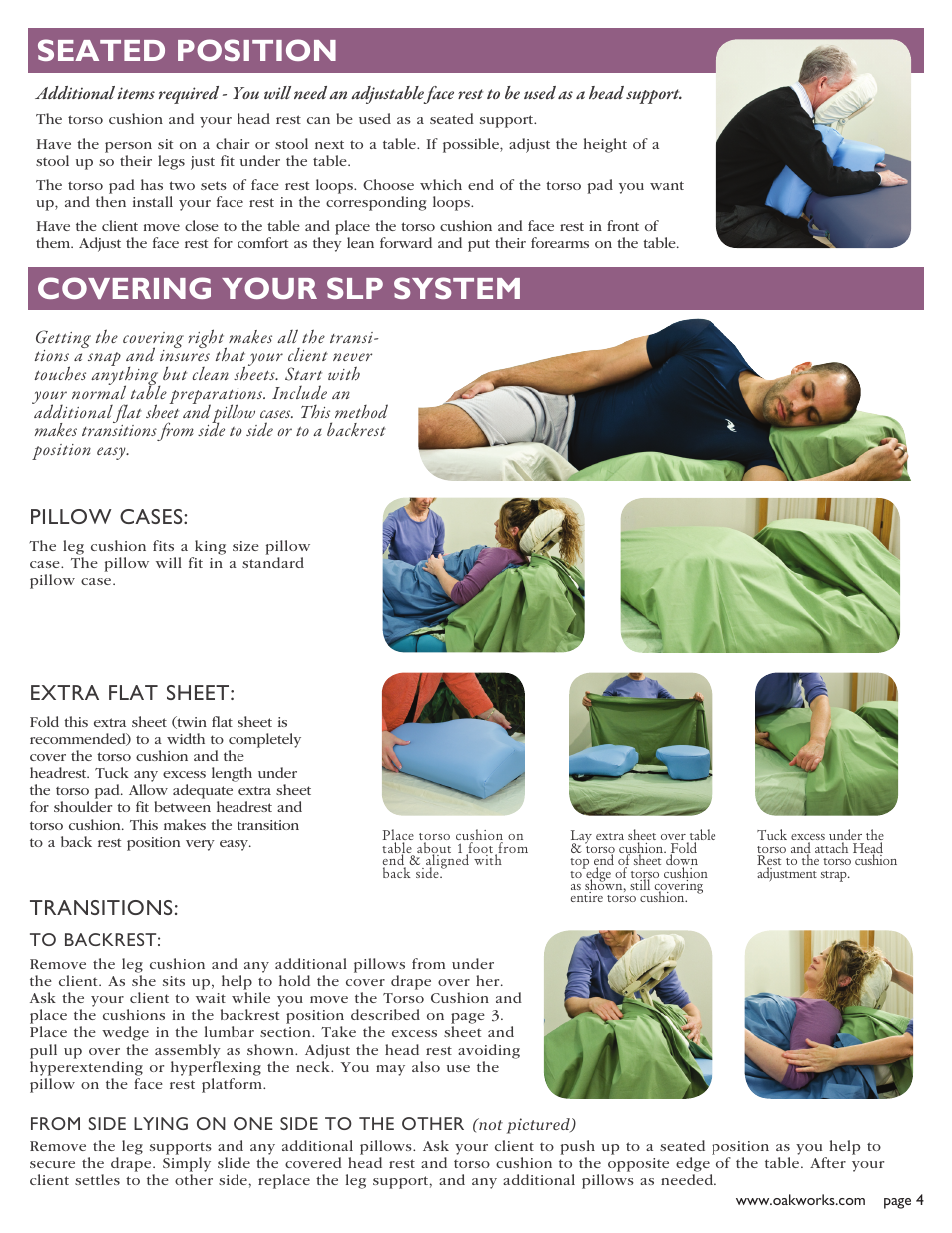 Covering your slp system, Seated position, Pillow cases | Extra flat sheet, Transitions | Oakworks Side Lying Positioning System User Manual | Page 5 / 8