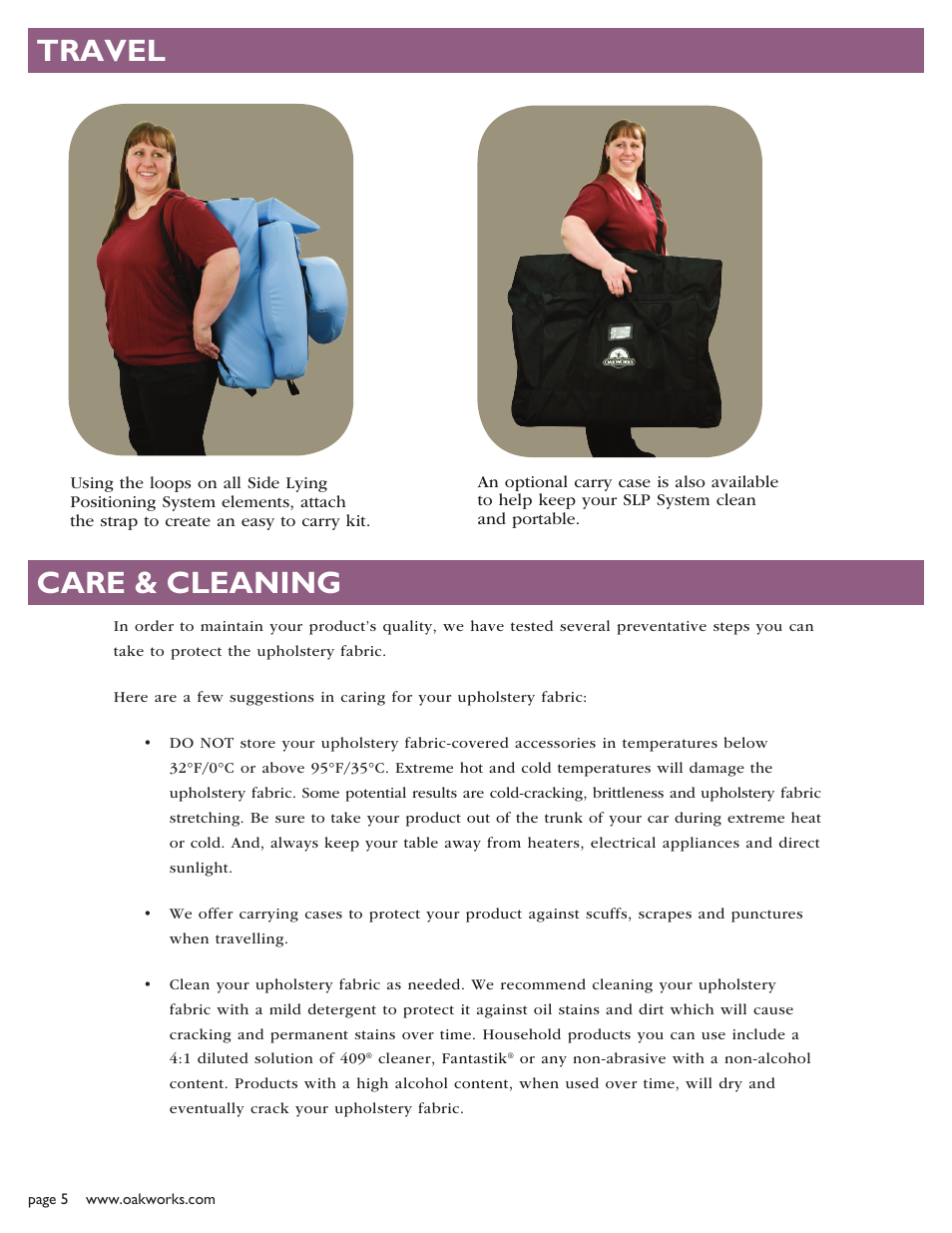 Travel, Care & cleaning | Oakworks Side Lying Positioning System User Manual | Page 6 / 8