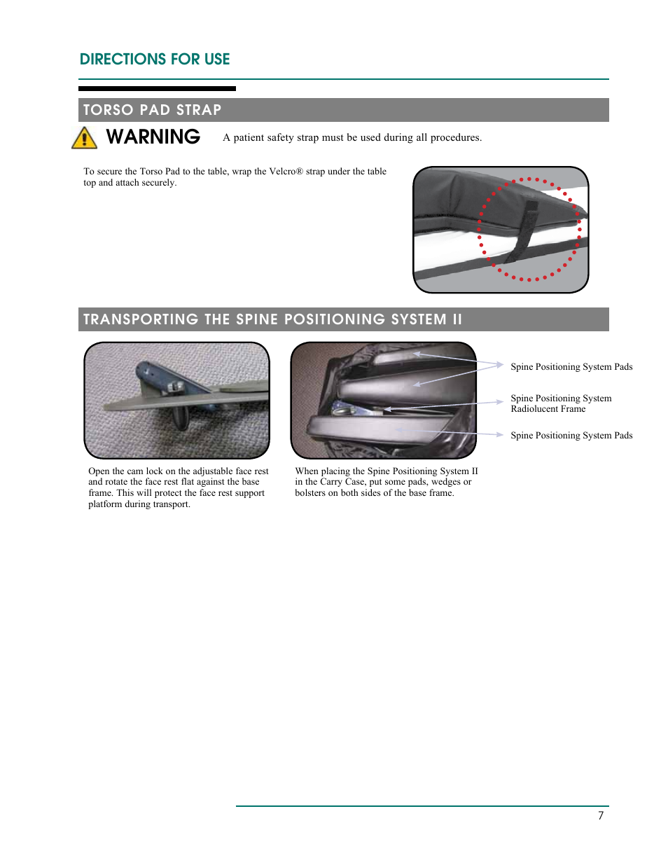 Warning, Directions for use, Torso pad strap | Transporting the spine positioning system ii | Oakworks Spine Positioning System II User Manual | Page 10 / 20