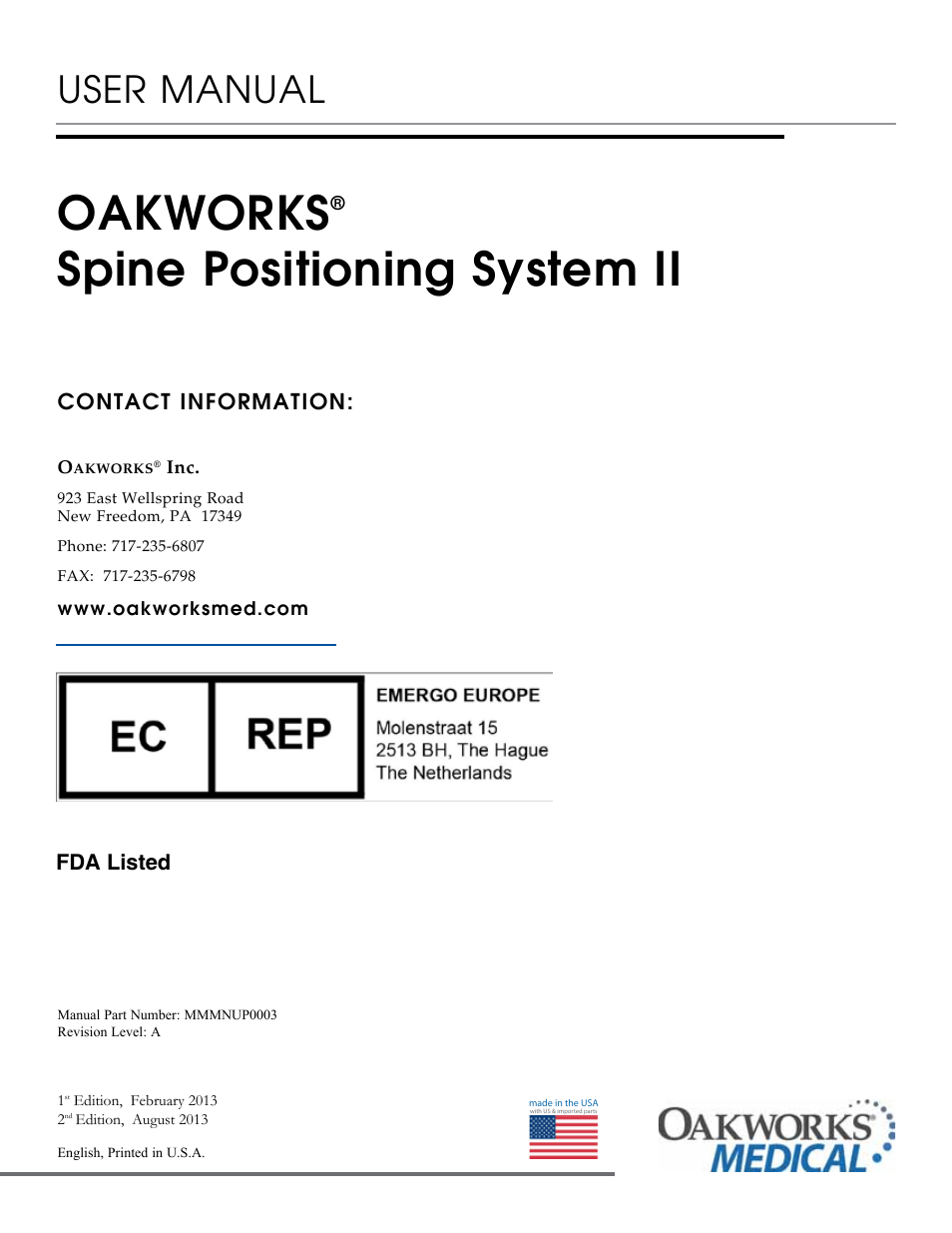 Oakworks, Spine positioning system ii, User manual | Oakworks Spine Positioning System II User Manual | Page 20 / 20