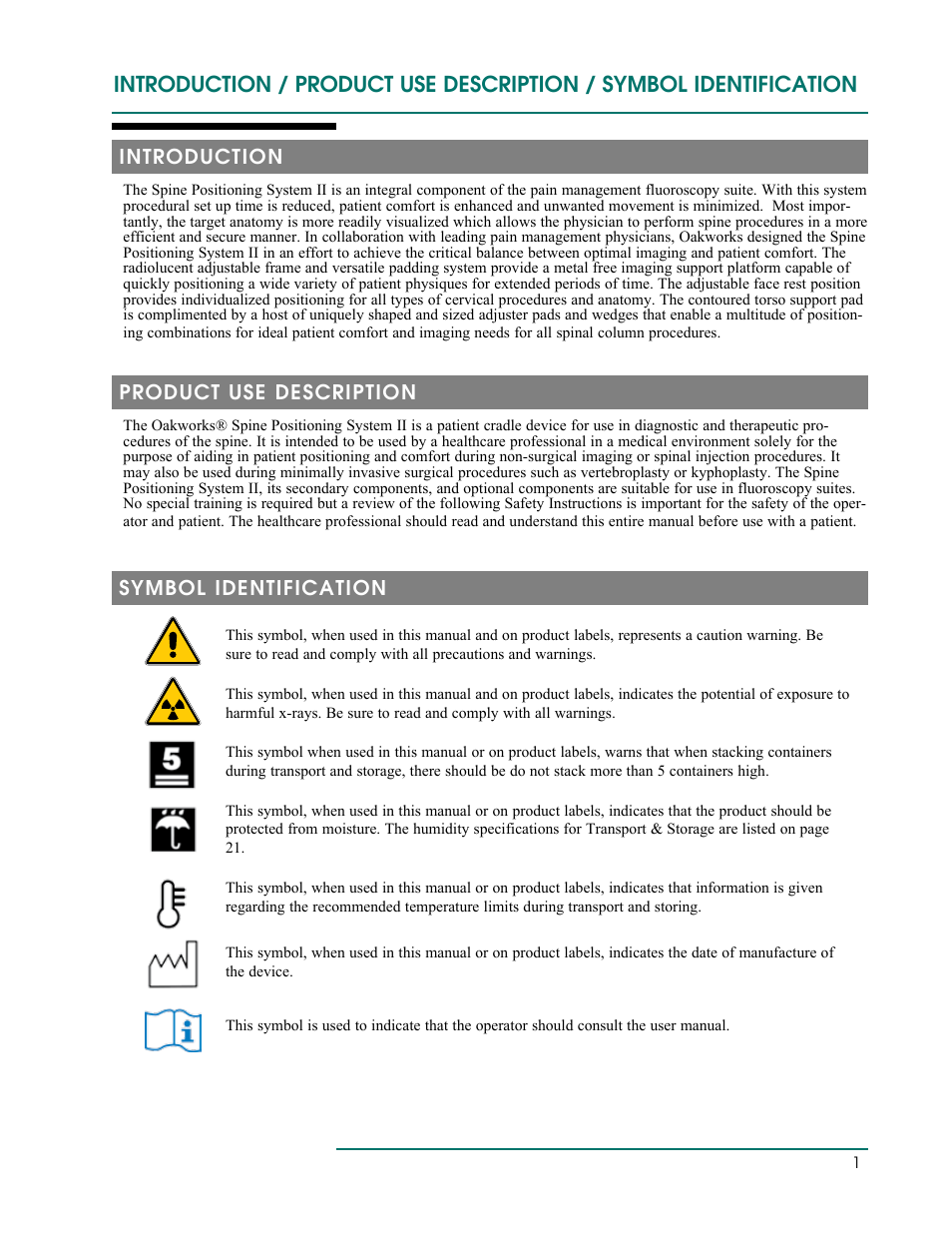 Symbol identification, Product use description, Introduction | Oakworks Spine Positioning System II User Manual | Page 4 / 20