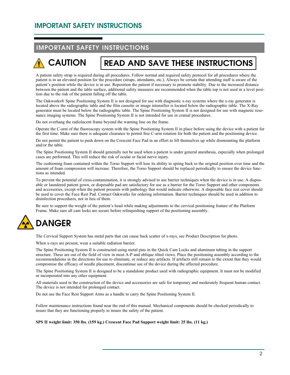 Caution, Danger, Read and save these instructions | Important safety instructions | Oakworks Spine Positioning System II User Manual | Page 5 / 20