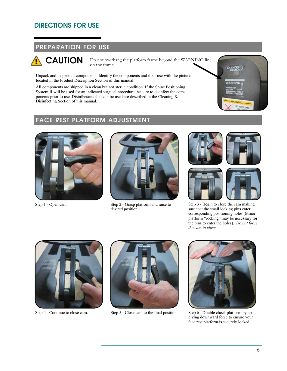 Caution, Directions for use, Preparation for use | Face rest platform adjustment | Oakworks Spine Positioning System II User Manual | Page 9 / 20