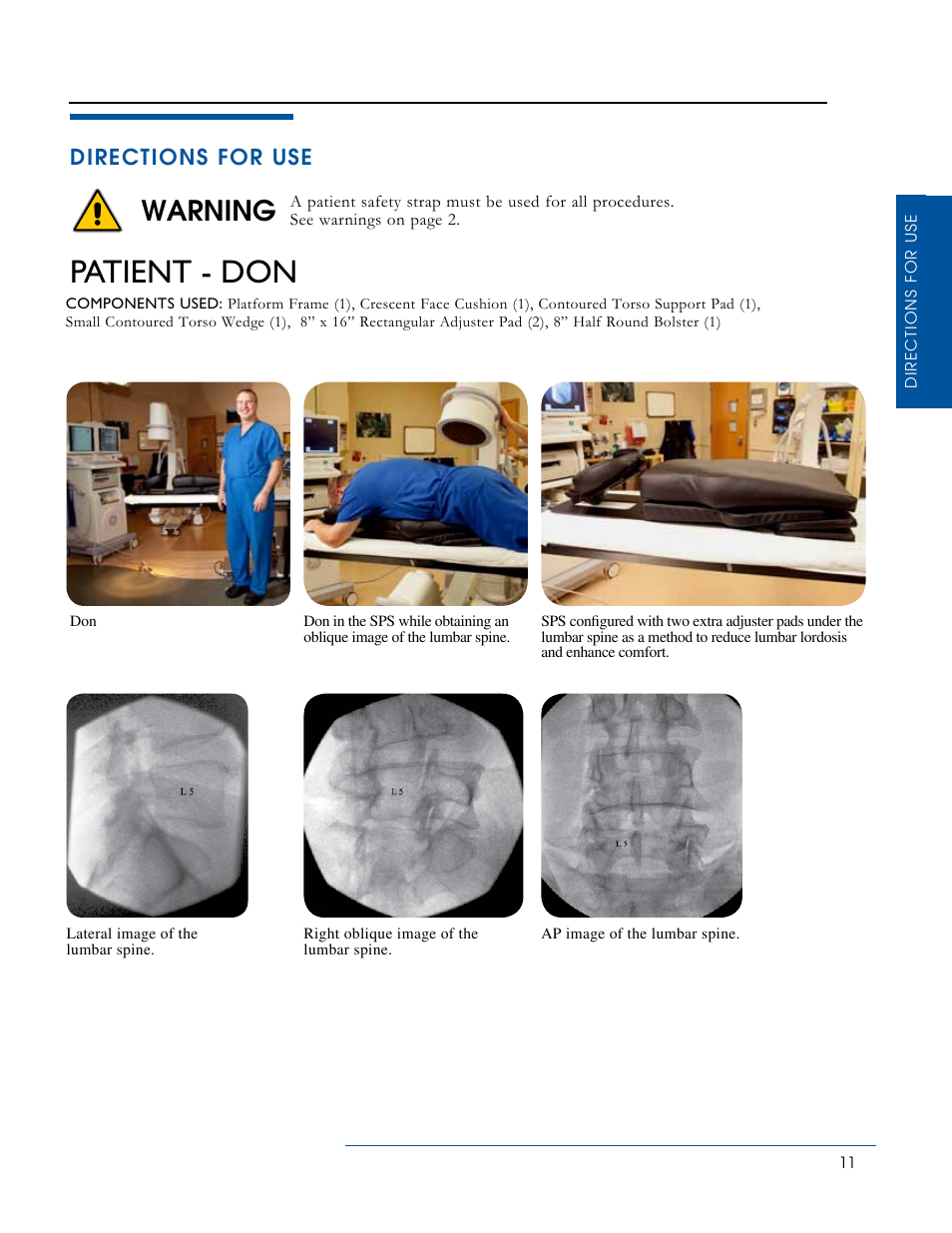 Patient - don, Warning, Directions for use | Oakworks Spine Positioning System User Manual | Page 13 / 24