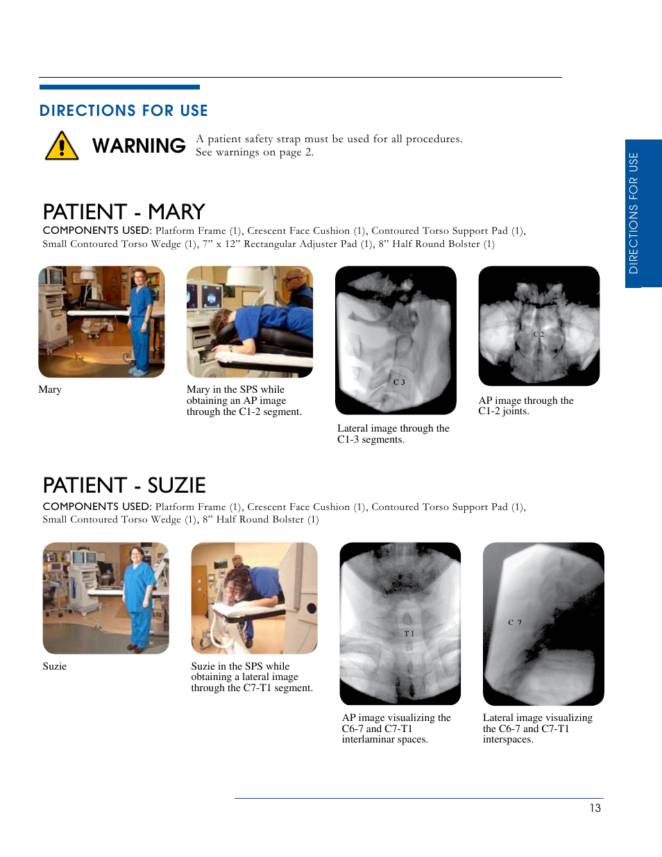 Patient - suzie, Patient - mary, Warning | Directions for use | Oakworks Spine Positioning System User Manual | Page 15 / 24