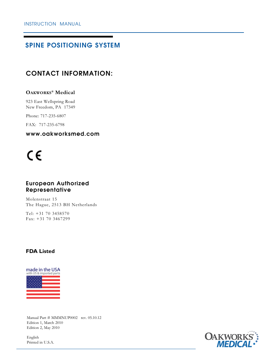 Spine positioning system, Contact information | Oakworks Spine Positioning System User Manual | Page 24 / 24