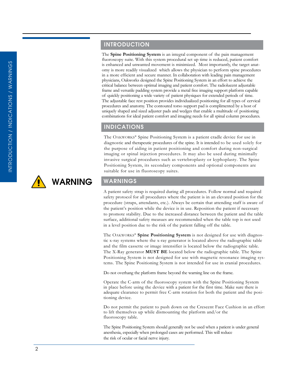 Warning | Oakworks Spine Positioning System User Manual | Page 4 / 24