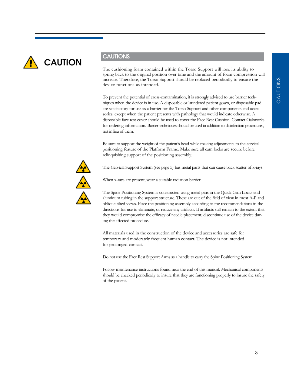 Caution | Oakworks Spine Positioning System User Manual | Page 5 / 24