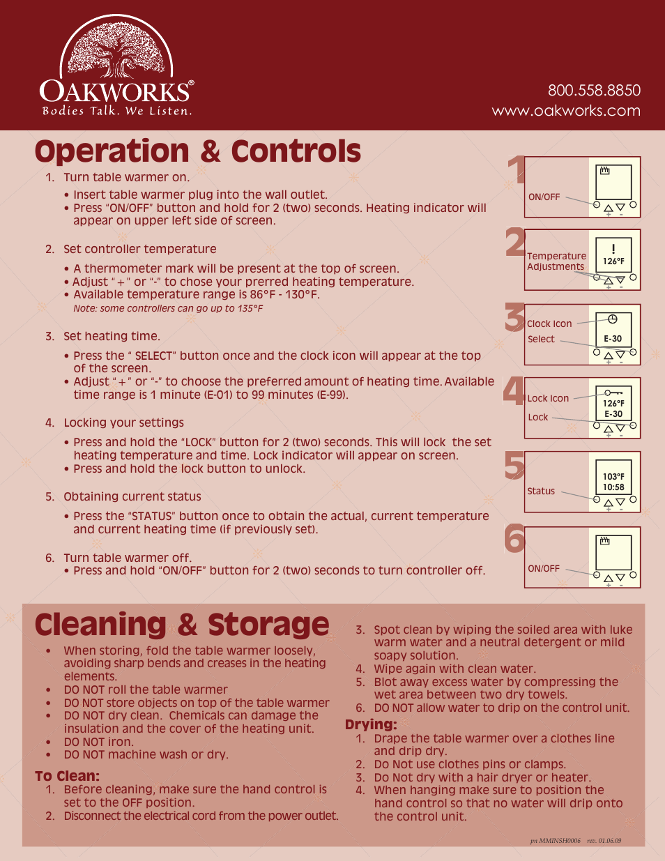 Operation & controls, Cleaning & storage | Oakworks 1922-01 Table Warmer User Manual | Page 2 / 2