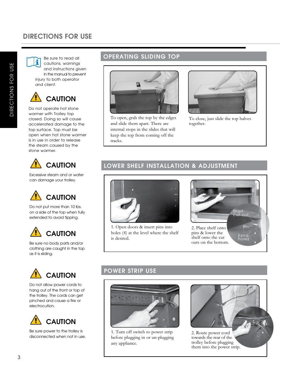 Directions for use caution, Caution | Oakworks Trolley User Manual | Page 4 / 8