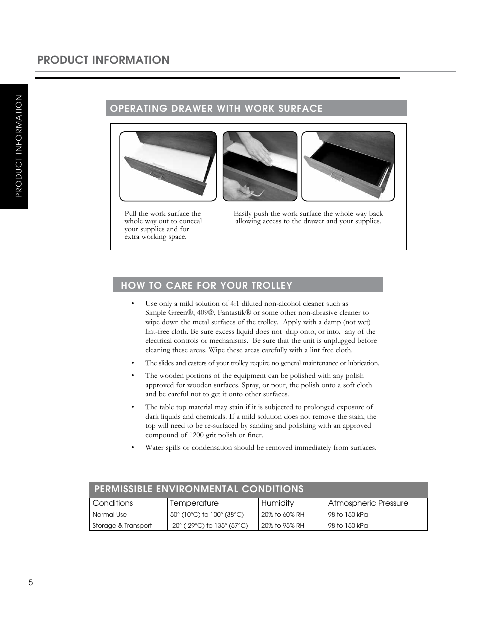 Permissible environmental conditions, Product information | Oakworks Trolley User Manual | Page 6 / 8