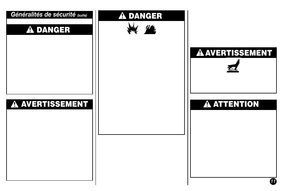 Danger, Danger avertissement, Avertissement | Attention, Généralités de sécurité | Coleman Model 2800 User Manual | Page 11 / 24