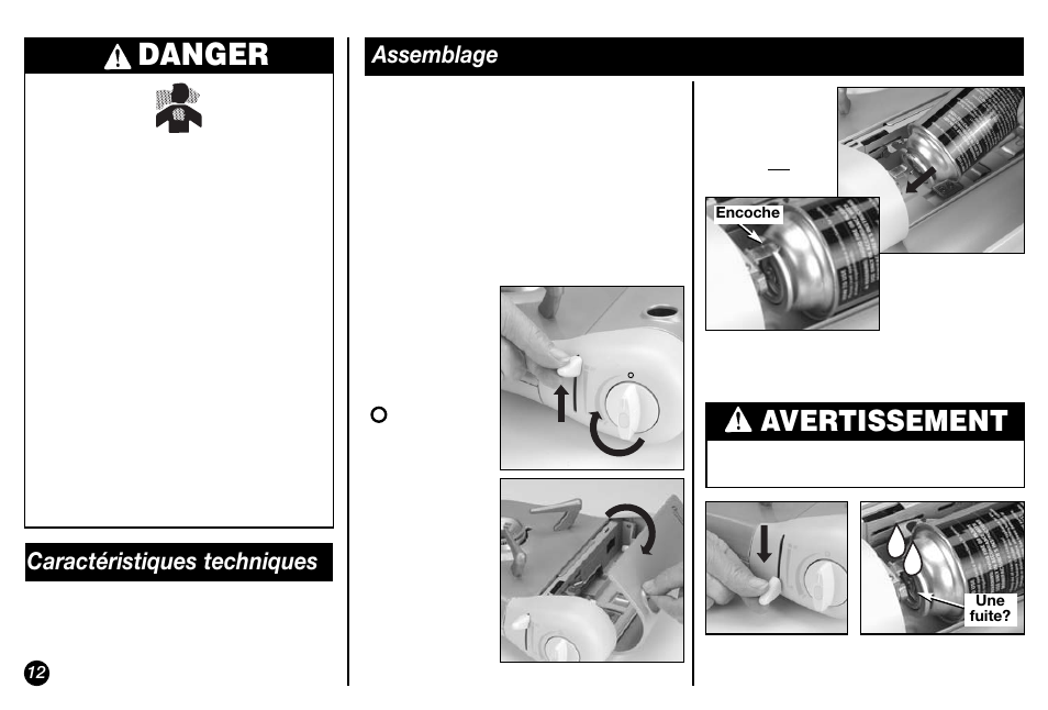 Danger, Avertissement, Caractéristiques techniques | Assemblage | Coleman Model 2800 User Manual | Page 12 / 24