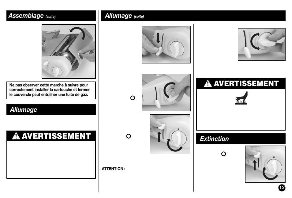 Avertissement, Allumage, Extinction | Assemblage | Coleman Model 2800 User Manual | Page 13 / 24