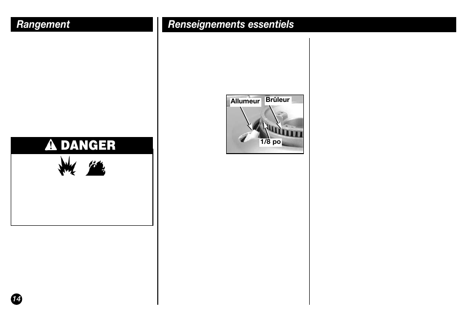 Danger, Rangement renseignements essentiels | Coleman Model 2800 User Manual | Page 14 / 24